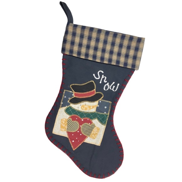 Christmas Stocking Snowman & Heart Dark Blue Gingham & Appliqué - Picture 1 of 9